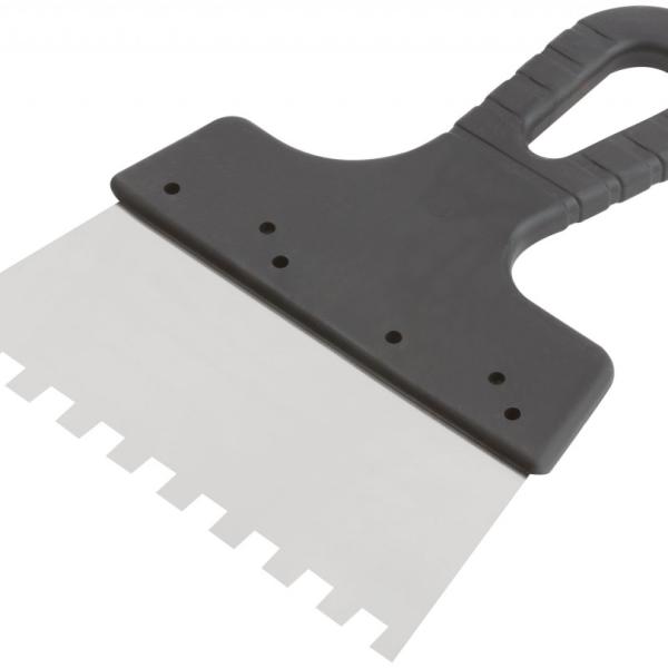 Шпатель 8х8мм 150мм, нержавеющий зубчатый с пластмассовой ручкой, FIT,06618